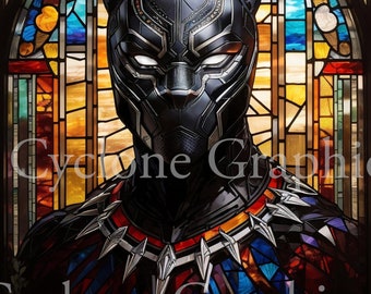 Black Panther gebrandschilderd glas portret, kunst aan de muur, digitale print, superheld prints