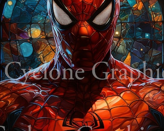 Spiderman Stained Glass Portrait, Wall art, Digital Print, Super Hero Prints