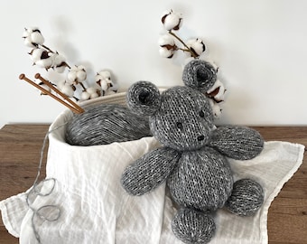 Handcrafted Knit Grey Bear - 100% Merino Wool Teddy Bear