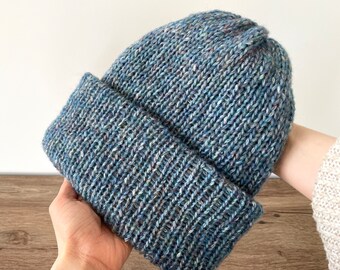 Handmade Blue knit Hat - 100% Merino Wool