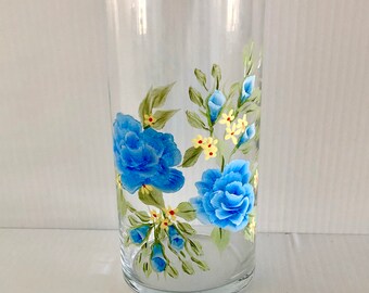 Wedding favor, blue floral vase, blue flowers, glass vase, wedding gifts, mother's day, custom wedding favors, custom painting, unique gifts