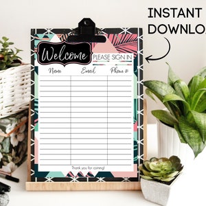 Printable Botanical Plant Sign In Sheet, Instant Download, Digital File
