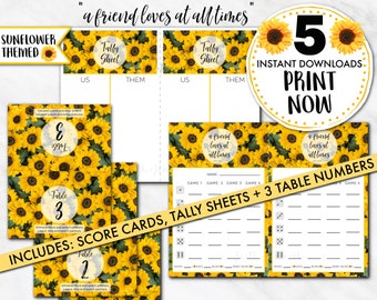 Ensemble imprimable Bunco tournesol, belles cartes de pointage florales Bunco, feuille de pointage Bunco, numéros de table Bunco, téléchargement immédiat