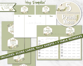 Set imprimible de Bunco "Hey Pumpkin", tarjetas de puntuación con flores de otoño (descarga digital)