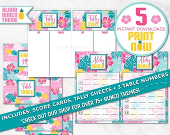 Printable Aloha Bunco Bundle Set, Hawaiian Summer Luau Bunco, Tropical Beach Bunco, Pineapple Hibiscus Flower Bunco, Fun Year Round Bunco