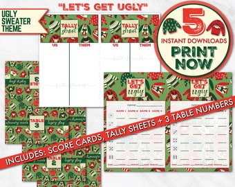 Printable Ugly Sweater Bunco Bundle Set, Christmas + Holiday Ugly Sweater Bunco Score Card, Printable Christmas + Holiday Party Game