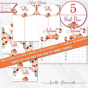 Printable Autumn Blessings Bunco Bundle Set, Fall and Autumn Harvest Bunco Game, Orange Pumpkin and Purple Floral Bunco, Instant Download
