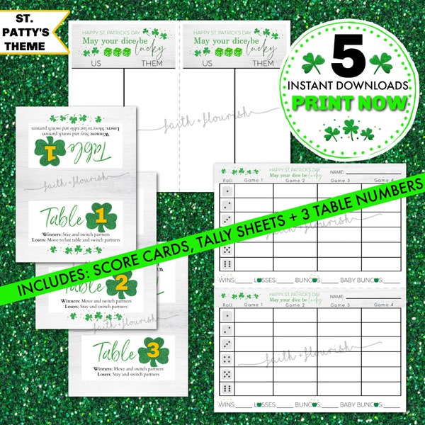 Printable Saint Patrick's Day Bunco Set | Score Cards, Tally Sheets, Table Numbers | Instant Download | St. Patty's Day March Bunco