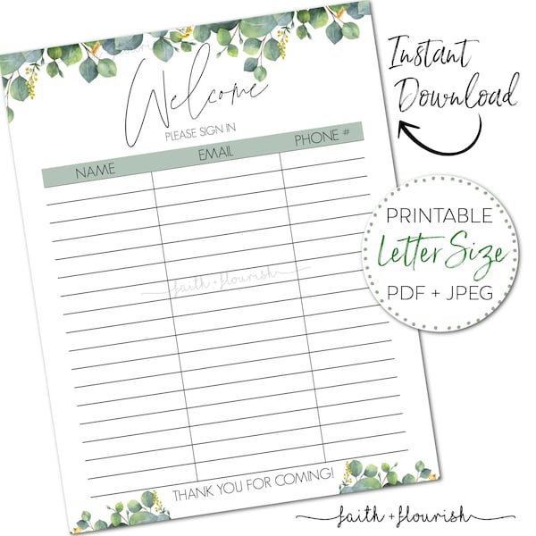 Printable Welcome Sign In Sheet | Real Estate and Open House Flyer | Minimalist Contact List | Instant Download | Natural Botanical Plants