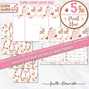 May include: Printable bunny-themed bunco game set with score cards, tally sheets, and table numbers. The set features a pink and brown colour scheme with a bunny and egg pattern. The text "Some Bunny Loves You" is featured on the score cards.