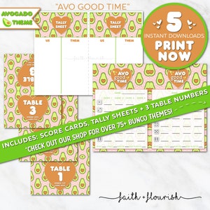 Druckbares Avocado Bunco Bundle Set, Avo Gute Nacht, Guac O Clock, Guacamole Bunco, Mexikanische Fiesta Bunco, Taco Nacht Bunco, Instant Download