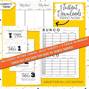 Afdrukbare Confetti Bunco-bundelset, scorekaarten, telbladen, tafelmarkeringen, direct downloaden