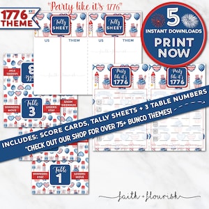 Printable 1776 Themed Bunco Bundle Set, 4th of July Bunco, Patriotic USA Flag Bunco, Red White and Blue Bunco, Independence Day Bunco