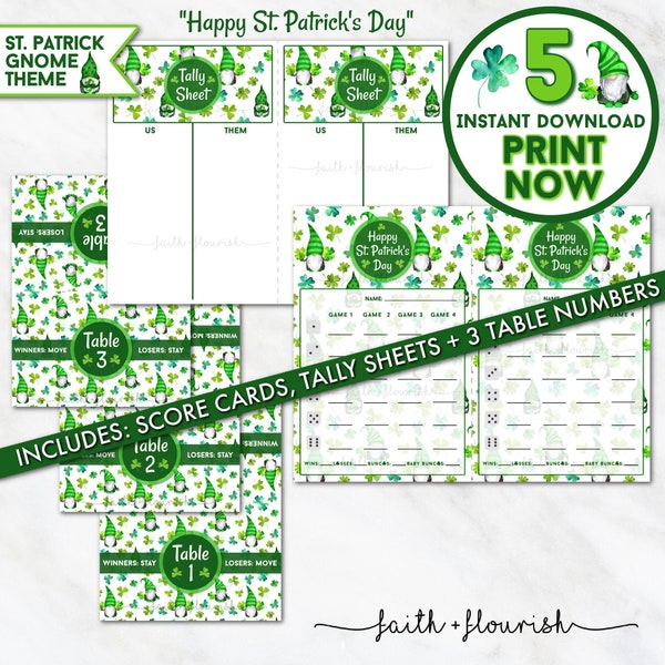 Printable St. Patrick Gnome Bunco Bundle Set, Happy St Patrick's Day Bunco, St Patty's Day + Lucky Clover Bunco, March Bunco, Print Now