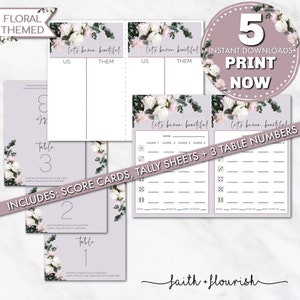 Printable Floral Bunco Bundle Set, Let&#39;s Bunco Beautiful Score Card, Bunco Tally Sheet, Bunco Table Numbers, Instant Download