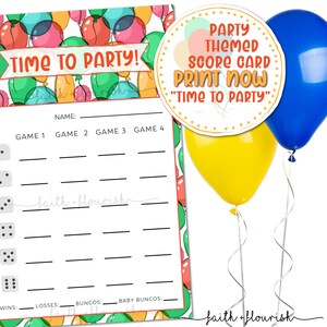 Printable Party Bunco Score Card Sheet, Printable Birthday and Celebration Bunco, Graduation Bunco, Balloon Bunco, Instant Download