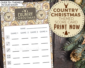 Printable Country Christmas Bunco Score Card Sheet, Rustic Christmas Holiday Bunco, Printable Christmas + Holiday Party Game, Print Now
