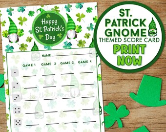 Printable St. Patrick Gnome Bunco Score Card Sheet, Happy St Patrick&#39;s Day Bunco, St. Patty&#39;s Bunco, Lucky Clover Bunco, March Bunco