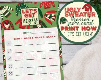 Printable Ugly Sweater Bunco Score Card Sheet, Christmas + Holiday Ugly Sweater Bunco Score Card, Printable Christmas + Holiday Party Game