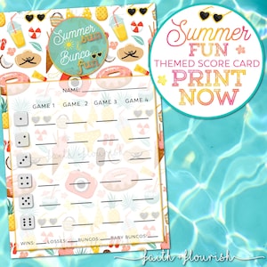 Printable Summer Fun Bunco Score Card Sheet, Pool Party Bunco, Pineapple Splash Drink and Ice Cream Bunco, June + July + August Bunco