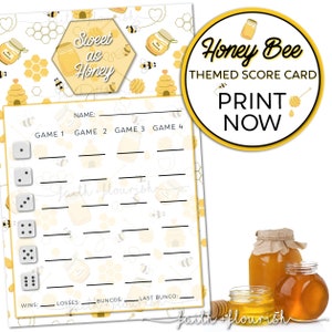 Folha de cartão de pontuação Honey Bee Bunco para impressão, doce como mel, abelha humilde + gentil, lindo favo de mel Bunco, verão + outono Bunco, download instantâneo