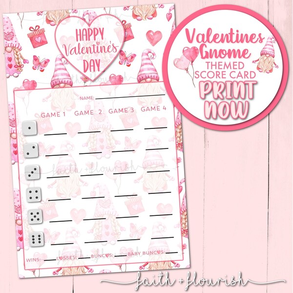 Printable Valentine Gnome Bunco Score Card Sheet, Happy Valentine's Day Bunco, Heart Bunco, February Bunco, Love Bunco, Instant Download