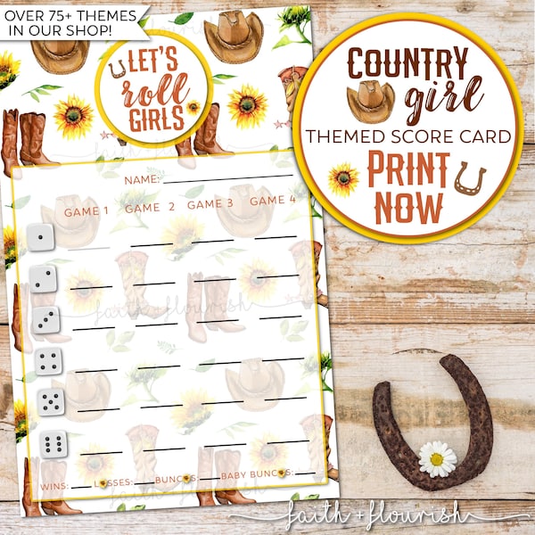 Printable Country Girl Bunco Score Card Sheet, Western and Southern Rustic Bunco, Rodeo Cowgirl Boots Bunco, Horseshoe Bunco and Boots