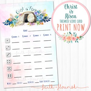 Printable Christ is Risen Bunco Score Card Sheet, Printable Resurrection Easter Bunco Game, April Watercolor Bunco, Christian Faith Bunco