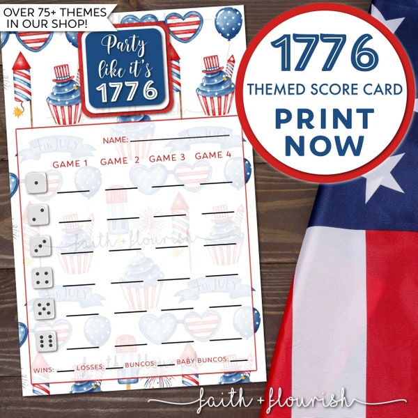 Printable 1776 Themed Bunco Score Card Sheet, 4th of July Bunco, Patriotic USA Flag Bunco, Red White and Blue Bunco, Independence Day Bunco