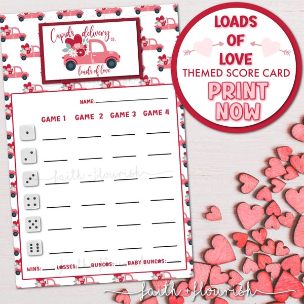 Printable Loads of Love Bunco Score Card Sheet, Valentines Day Truck Bunco, Cupid Bunco, Heart Bunco, February Bunco, Love Bunco, Print Now
