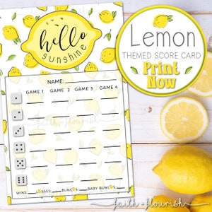 Hoja de tarjeta de puntuación de Bunco de limón imprimible, Bunco durante todo el año, Bunco nupcial de verano y baby shower de primavera, Bunco Hello Sunshine, Bunco de frutas