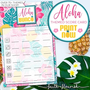 Hoja de tarjeta de puntuación de Aloha Bunco imprimible, Bunco hawaiano de verano Luau, Bunco de playa tropical, Bunco de hibisco de piña, Bunco divertido durante todo el año