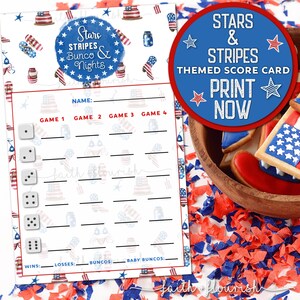 Printable Stars and Stripes Themed Bunco Score Card Sheet, USA Patriotic 4th of July Bunco, Red White and Blue Bunco, Independence Day Bunco