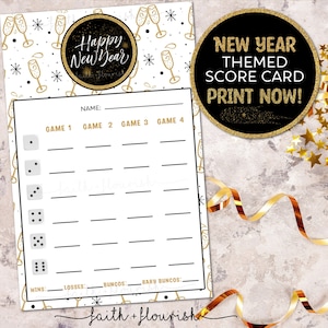 Afdrukbaar gelukkig nieuwjaar Bunco scorekaartblad, gelukkig nieuwjaar Bunco, nieuwjaarsspel, gouden confetti Bunco, december + januari Bunco