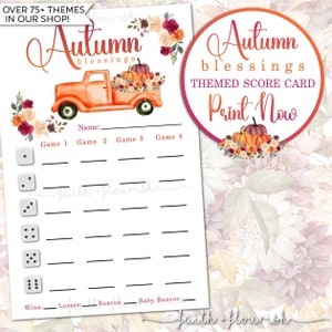 Printable Autumn Blessings Bunco Score Card Sheet, Fall & Autumn Harvest Bunco Game, Orange Pumpkin + Purple Floral Bunco, Instant Download
