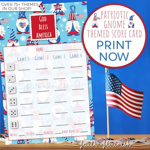Hoja de tarjeta de puntuación de Gnomo patriótico imprimible Bunco, Bunco del 4 de julio, Bunco rojo, blanco y azul, Dios bendiga a América Bunco, Bunco de julio, Imprimir ahora