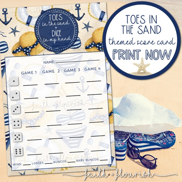 Printable Toes in the Sand Bunco Score Card Sheet, Summer + Beach Bunco, Flip Flop Sandal Bunco, Nautical Bunco, June + July + August Bunco