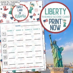 Printable Liberty Bunco Score Card Sheet, Patriotic Fourth of July Bunco, Stars and Stripes American Flag Bunco, USA Independence Day Bunco