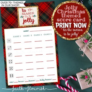 Afdrukbaar Jolly Christmas Bunco-scorekaartblad, Winter + December Bunco, Kerstvakantie Bunco, Familie Kerstvakantiespel