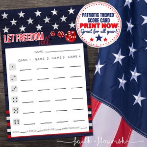 Printable Patriotic Bunco Score Card Sheet, Red White and Blue Flag Bunco, USA 4th of July Bunco, Instant Download