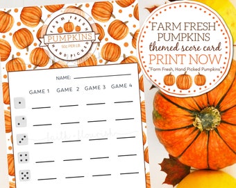 Printable Farm Fresh Pumpkins Bunco Score Card Sheet, Fall and Autumn Pumpkin Bunco Score Card, Halloween and Thanksgiving Bunco Scorecard