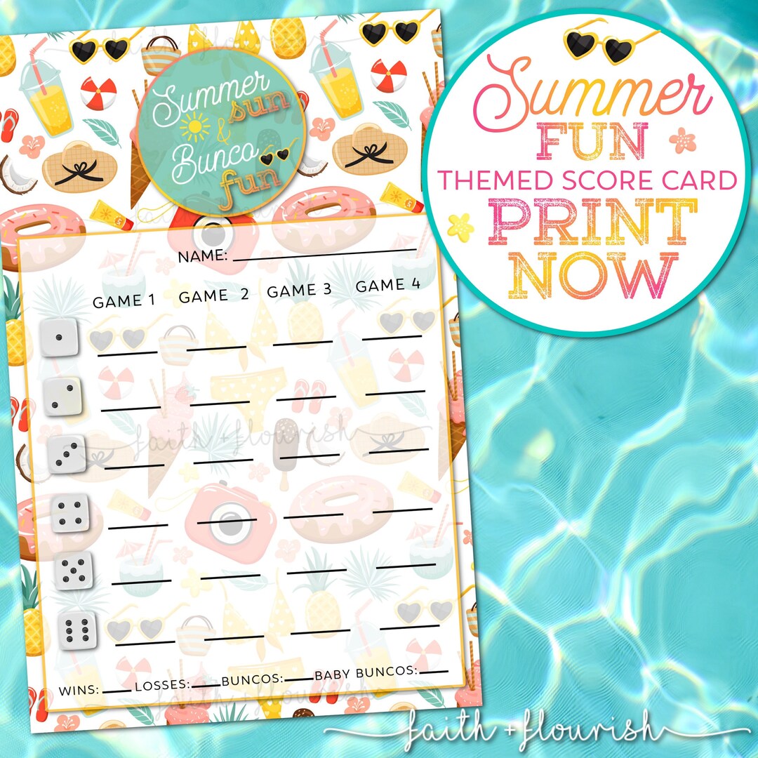 Printable Summer Fun Bunco Score Card Sheet, Pool Party Bunco ...