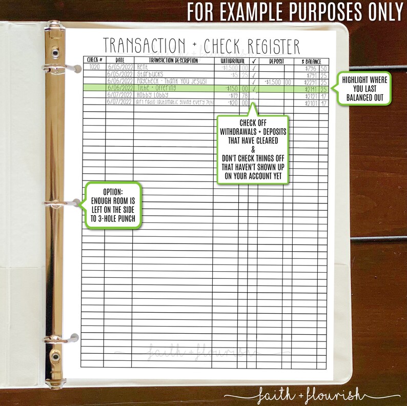 Printable Transaction Check Register Sheet Page Finance Etsy