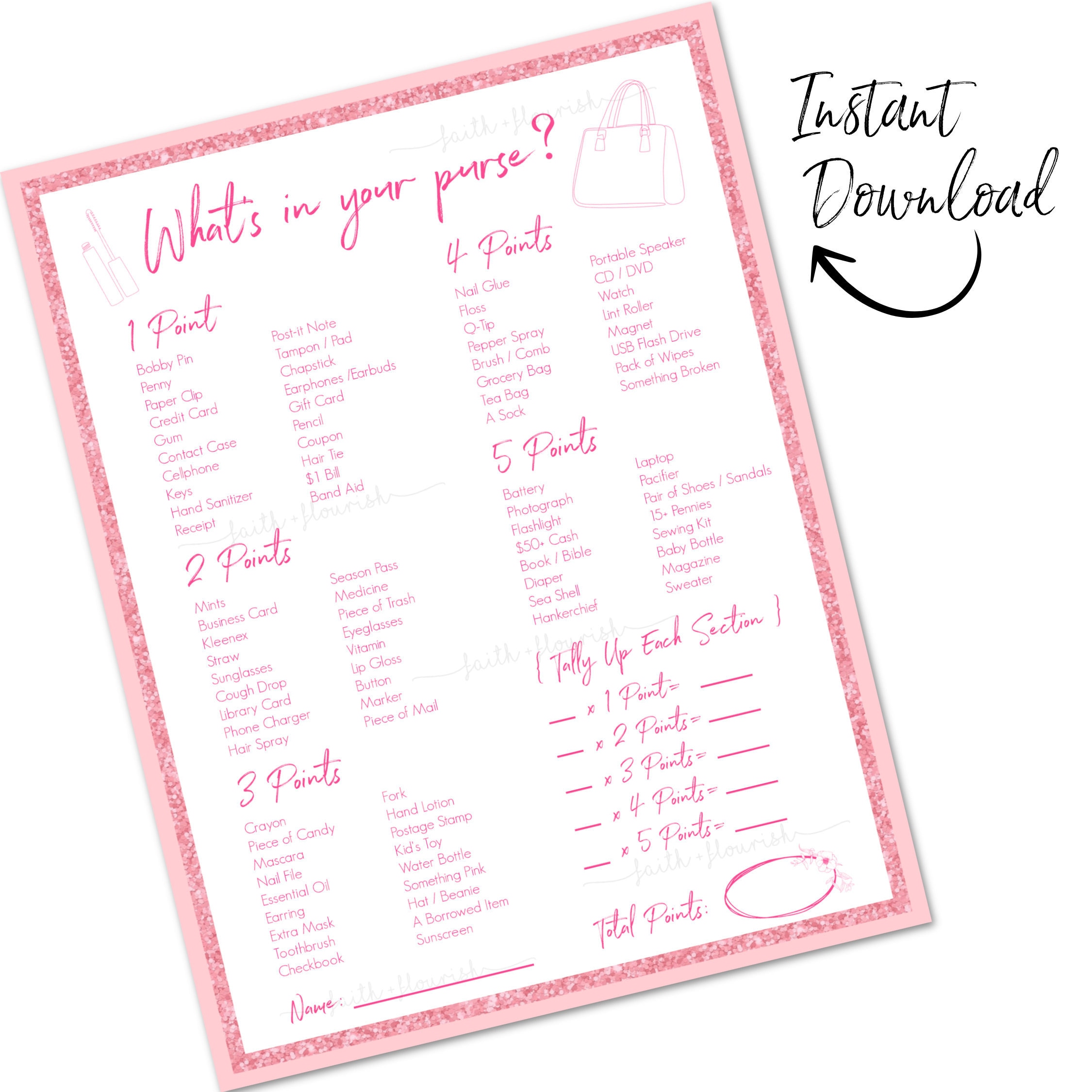 Printable What's in Your Purse Game, Instant Download, Girl Baby Shower ...