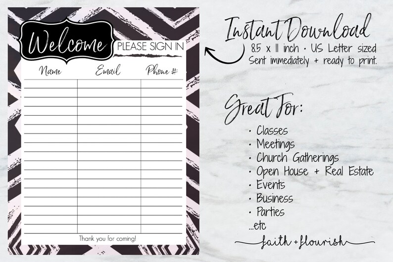 Printable Sign in Sheet, Pale Pink and Charcoal Theme, Instant Download ...