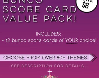 Op de afbeelding: Een paarse en witte afbeelding met de tekst "BUNCO SCORE CARD VALUE PACK!" en "INCLUDES: 12 bunco score cards of YOUR choice!" De afbeelding bevat ook de tekst "CHOOSE FROM OVER 80+ THEMES" en "SEE DESCRIPTION FOR DETAILS..." met een kruis en de tekst "faith+flourish" onderaan. In de rechterbovenhoek staat een cirkel met de tekst "SAVE $6".