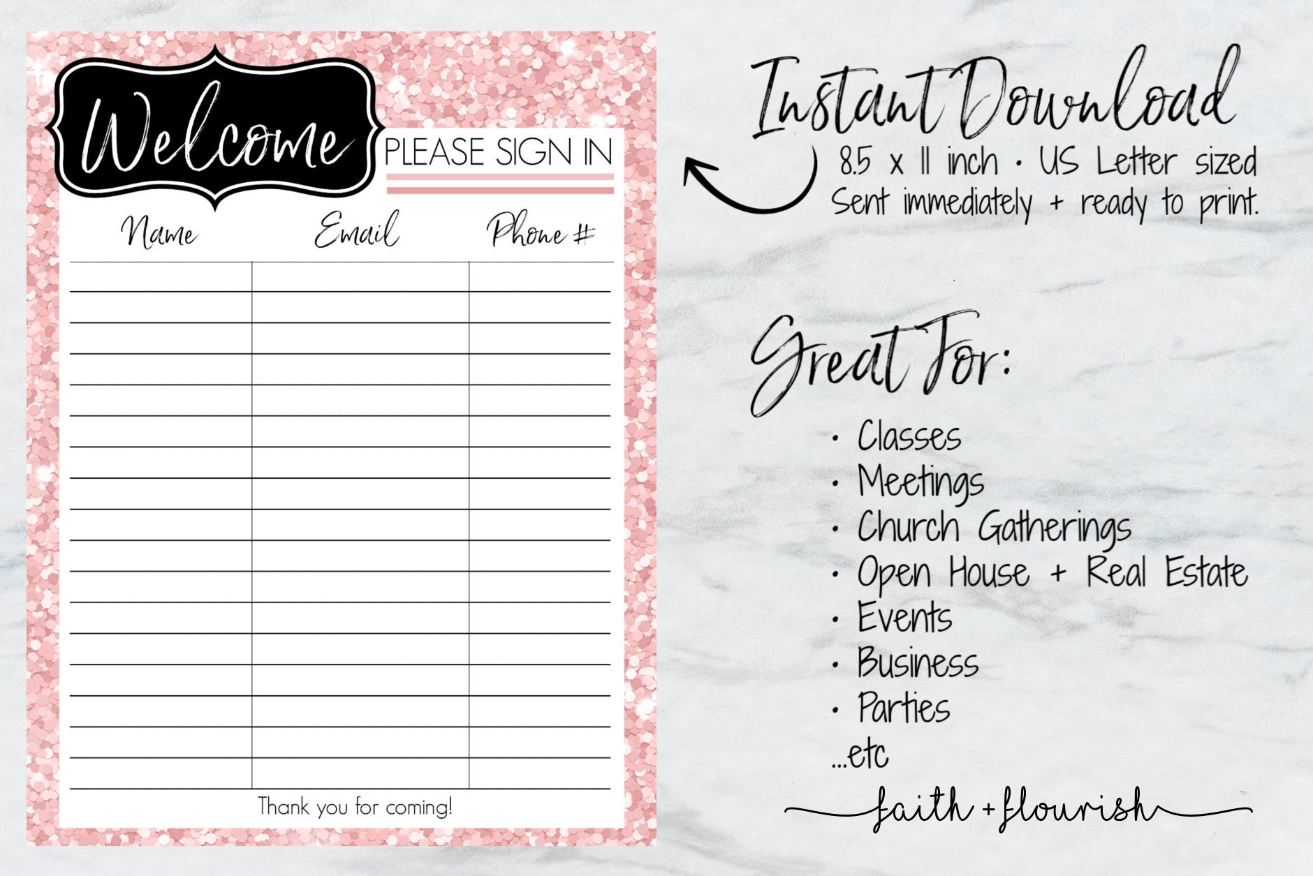 Buy Pink Printable Sign in Sheet Name Email and Phone Number Contact ...