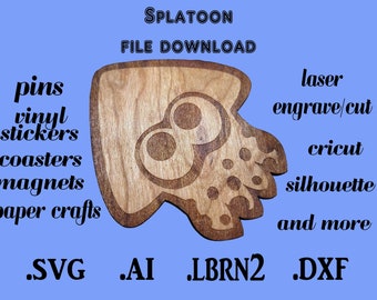 May include: A digital download of a Splatoon character design in SVG, AI, LBRN2, and DXF file formats. The design is suitable for creating pins, vinyl stickers, coasters, magnets, paper crafts, and more. The design can be used with laser engravers, Cricut machines, Silhouette machines, and other cutting machines.