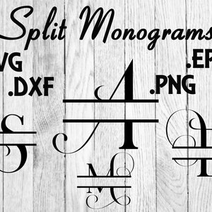 Könnte beinhalten: Geteilte Monogramme in den Formaten SVG, DXF, EPS und PNG. Das Bild zeigt vier verschiedene Monogramm-Designs mit einer Trennlinie und dekorativen Verzierungen.