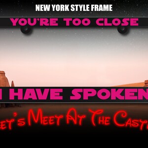 May include: A black license plate frame with the text "YOU'RE TOO CLOSE I HAVE SPOKEN" in pink lettering. Below the frame is the text "LET'S MEET AT THE CASTLE" in red lettering.